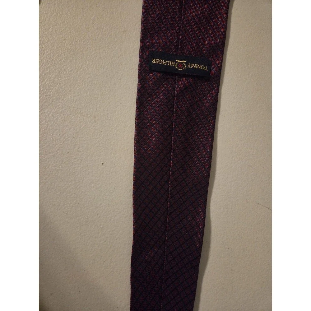 Tommy Hilfiger Silk Tie Vintage Red Navy Micro Grid Gold Crest Embroidery 58